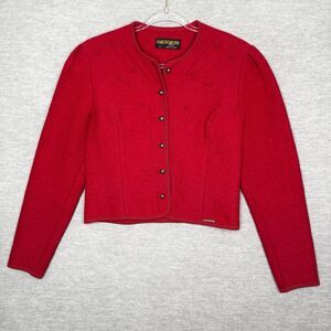 Geiger Austria Women Red Cardigan Boiled Tyrol Wool Size 40 Med Sweater Jacket